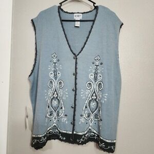 Vintage Koret Sweater Vest Womens Size 2X Blue Cottage core Teacher Floral Bloom